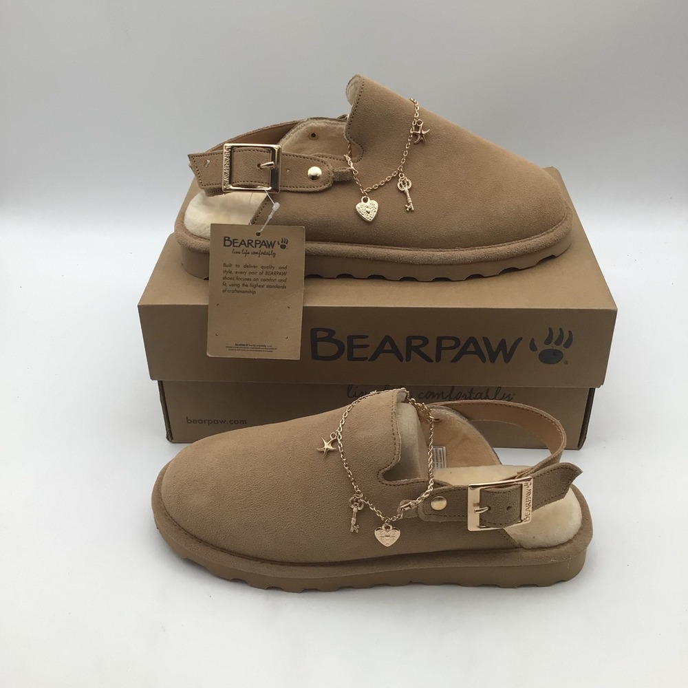 Bearpaw Lexi Women Size 9 Toffee Suede Slingback Clog Slipper Gold Charms NEW